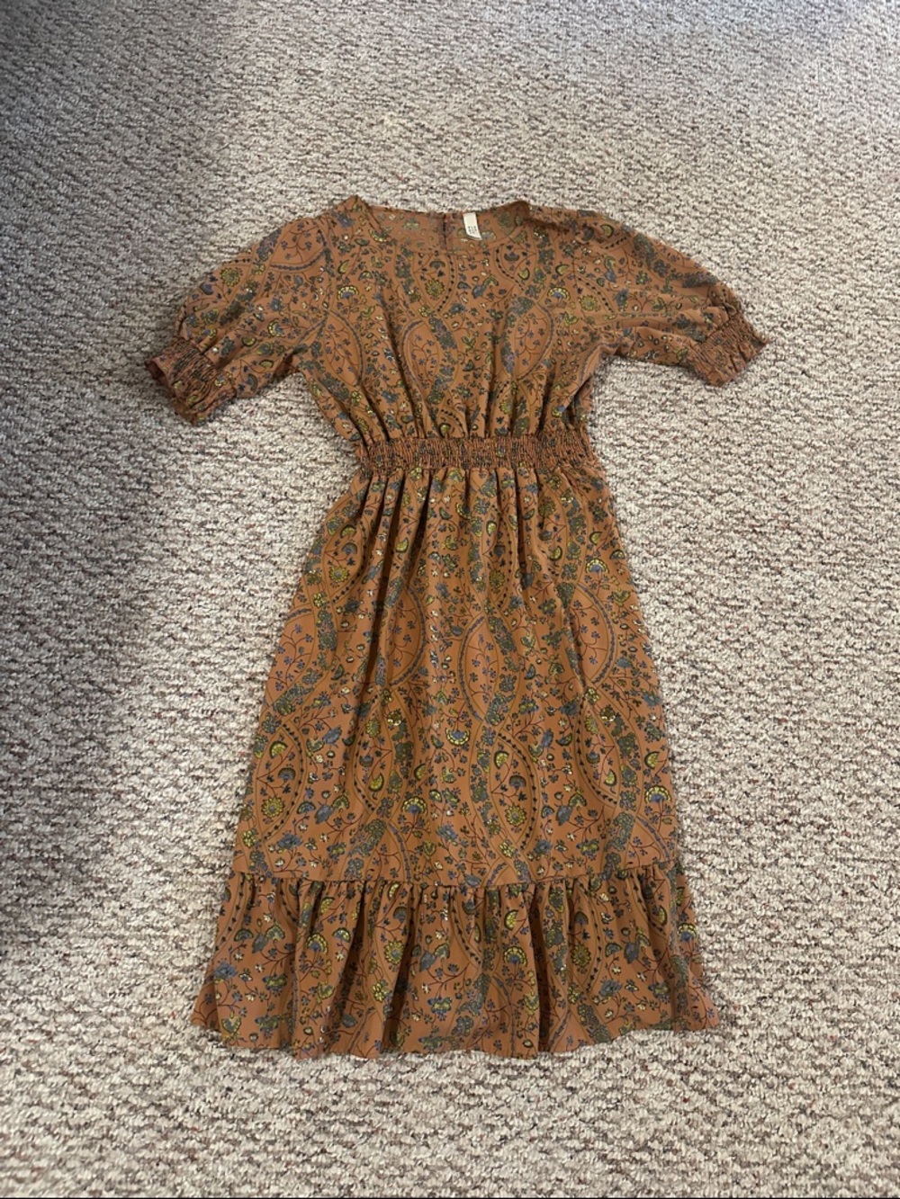 Rust Paisley Smocked-Waist Midi Dress